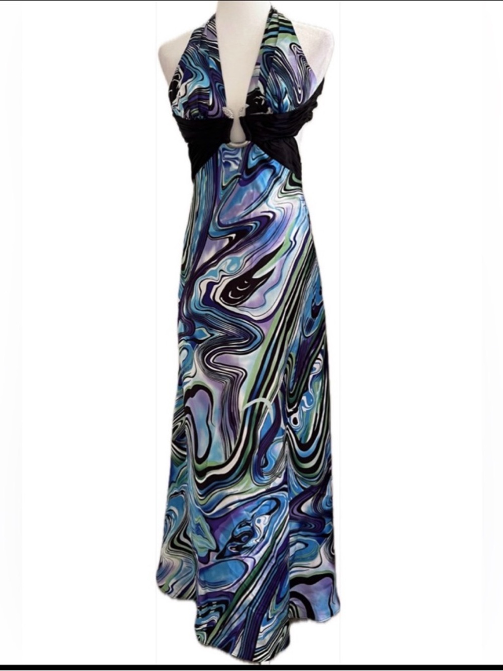 Morgan & Co. Halter Maxi Dress in Blue, Purple & Black Swirl